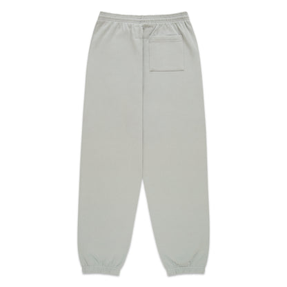 Light grey 100% cotton fleece sweatpants with elasticized waistband and cuffs, featuring a single back pocket.