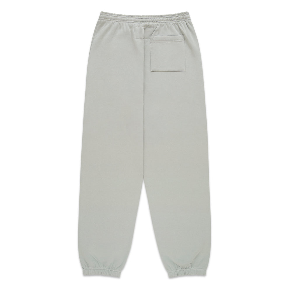 Light grey 100% cotton fleece sweatpants with elasticized waistband and cuffs, featuring a single back pocket.
