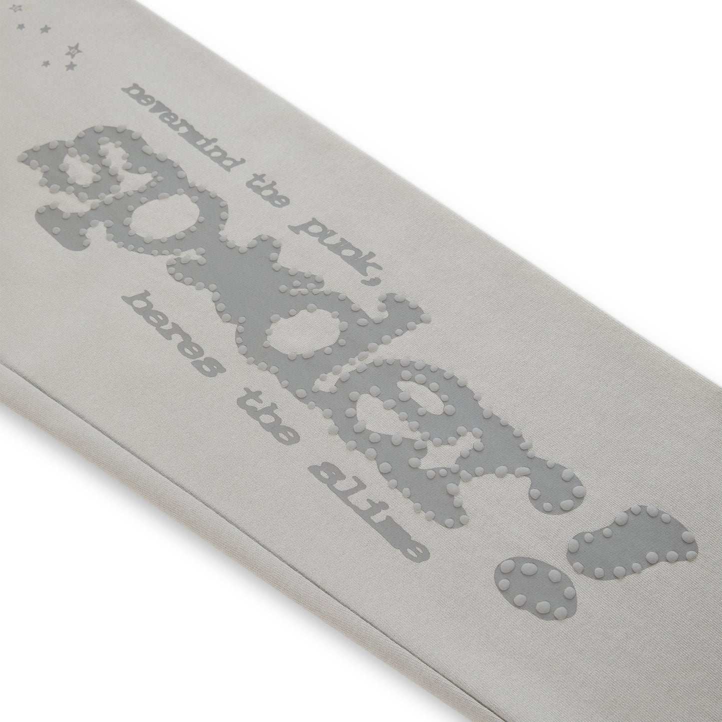 Light gray cotton fleece sweatpant with "Sp5der" puff print and "nevermind the punk, heres the slime" text.