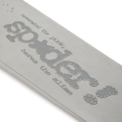 Light gray cotton fleece sweatpant with "Sp5der" puff print and "nevermind the punk, heres the slime" text.