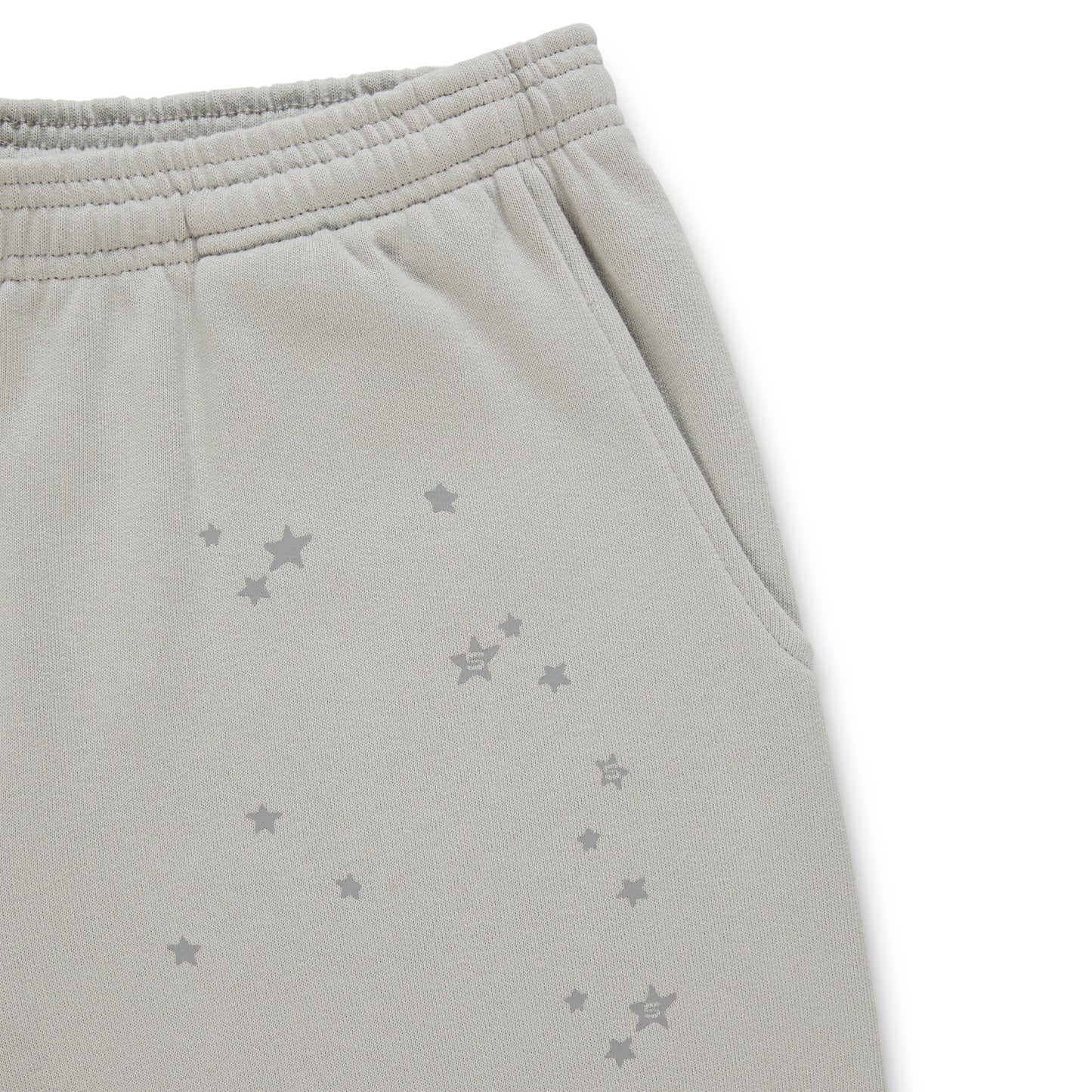 Gray cotton fleece sweatpants with scattered star print and an elasticized waistband.
