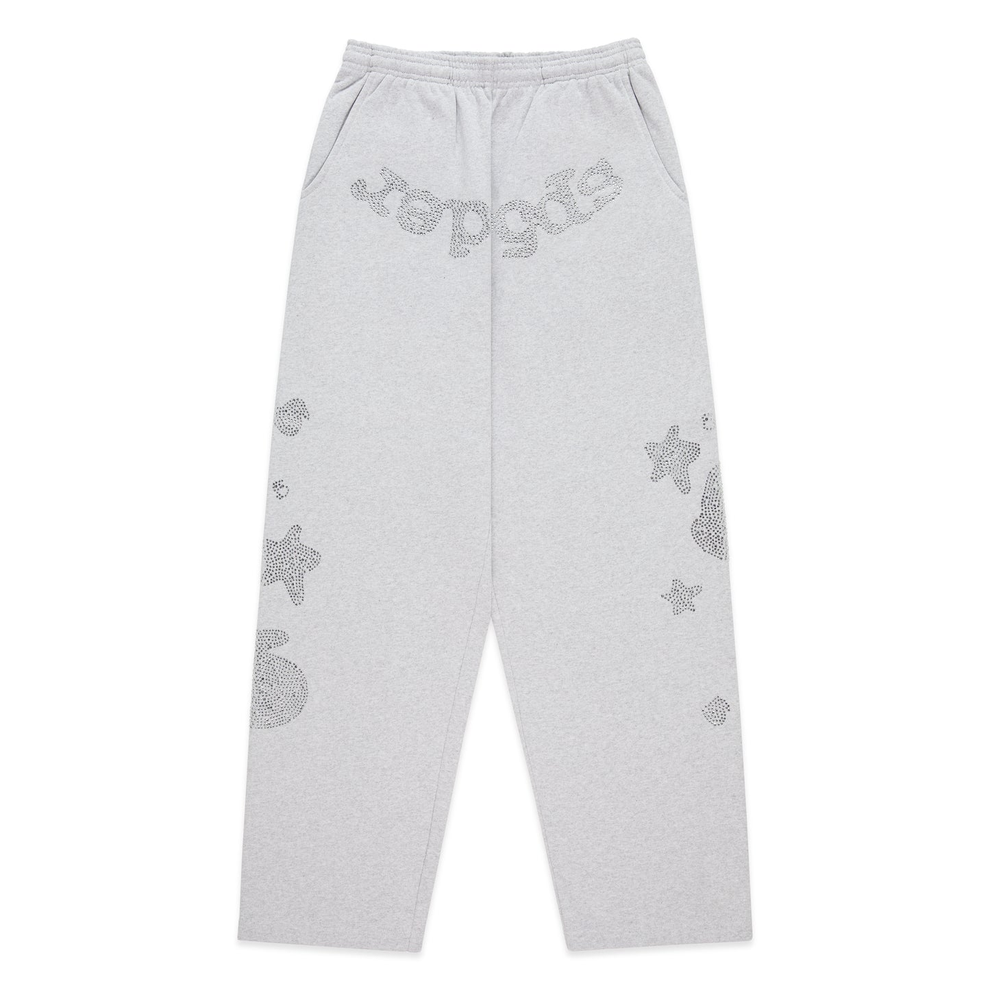 Gray wide-leg sweatpants with rhinestone 'SP5DER' text at crotch and star designs.