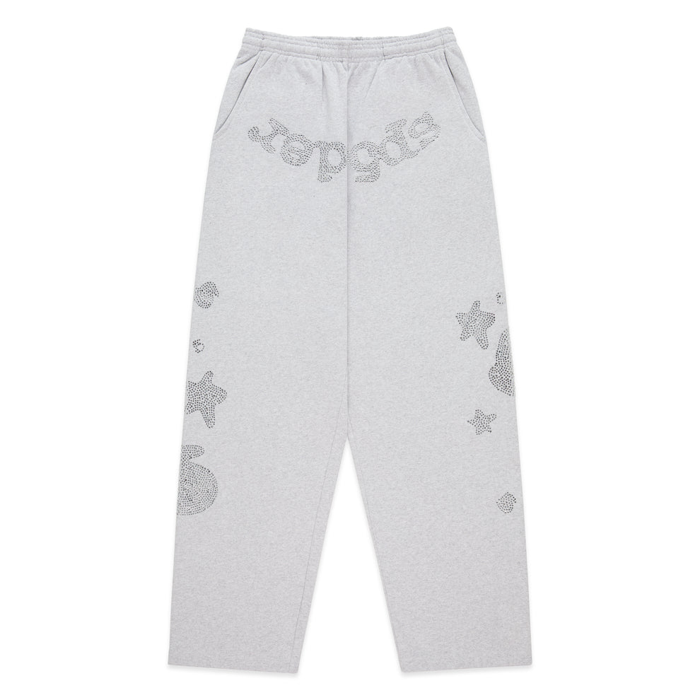 Gray wide-leg sweatpants with rhinestone 'SP5DER' text at crotch and star designs.