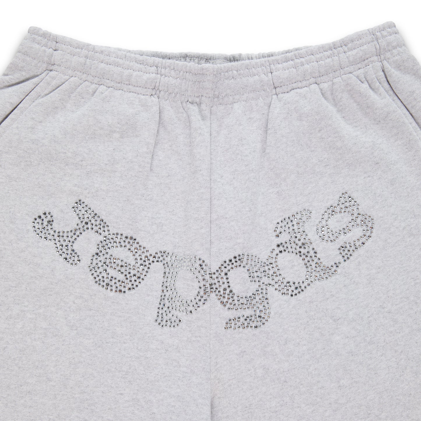 Gray cotton fleece sweatpants with "SP5DER" in rhinestones across the crotch.