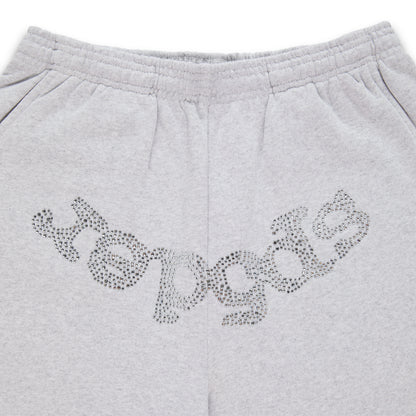 Gray cotton fleece sweatpants with "SP5DER" in rhinestones across the crotch.