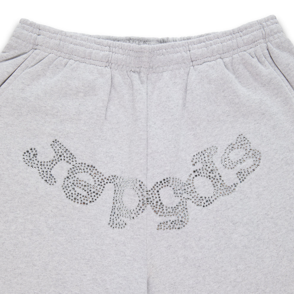 Gray cotton fleece sweatpants with "SP5DER" in rhinestones across the crotch.