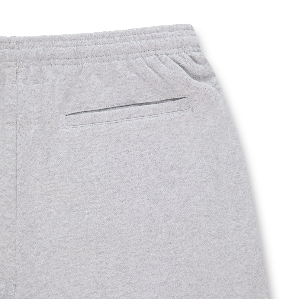 Light grey 100% cotton fleece wide-leg sweatpant with elasticized waistband and back pocket.