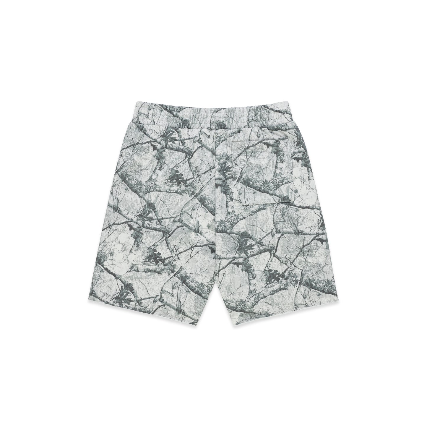 REALTREE OG WEB V2 SWEATSHORT: Gray 13oz cotton fleece shorts with Real tree camo print, drawcord, and raw hem.