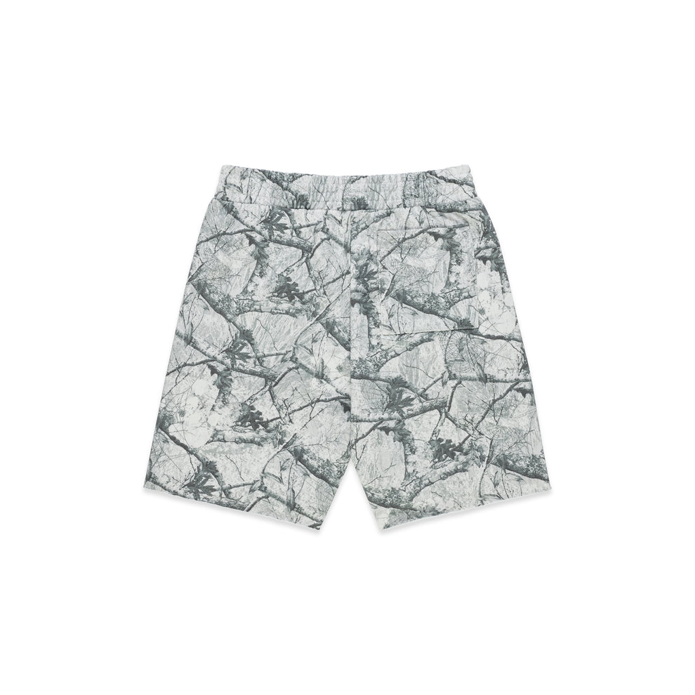 REALTREE OG WEB V2 SWEATSHORT: Gray 13oz cotton fleece shorts with Real tree camo print, drawcord, and raw hem.