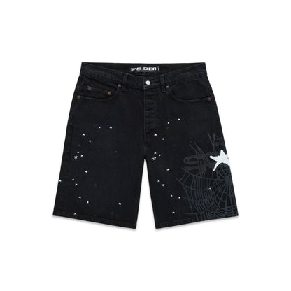 Black denim jean shorts with white spiderweb and star graphics.