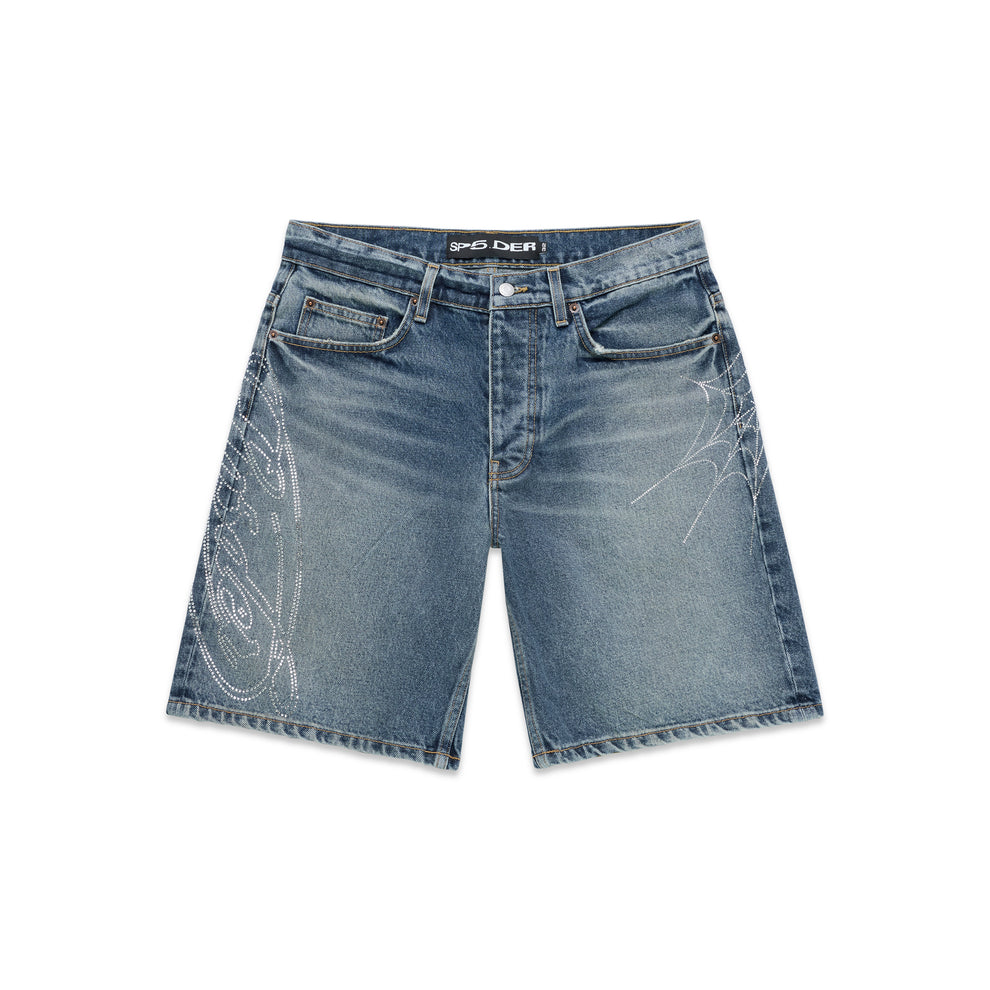 Blue denim shorts with rhinestone web design on both legs, raw hem, and button fly.