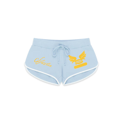 Light blue SP5 WIDE BOXER shorts with white trim, drawstring waist, and yellow graphic print.