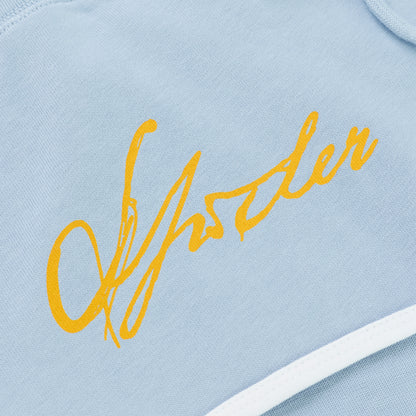 Light blue SP5 WIDE BOXER with yellow "SP5DER" script logo and white trim.