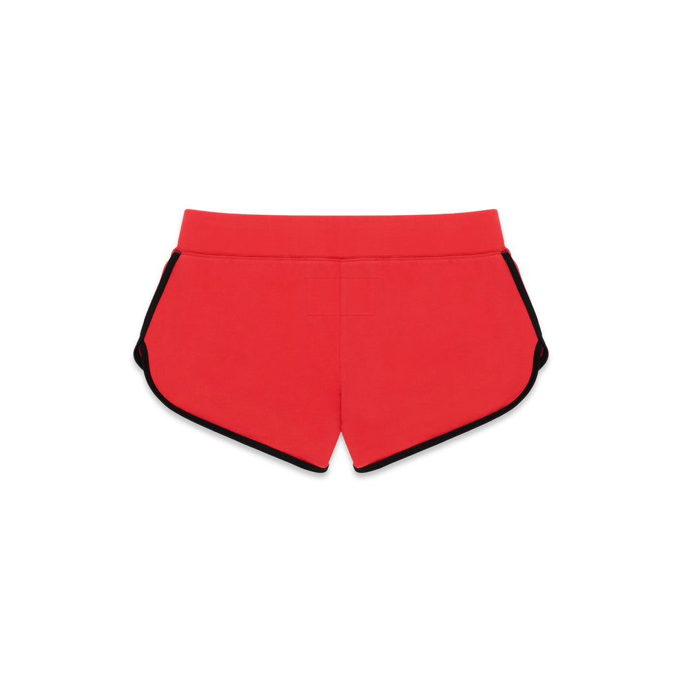 Red SP5 WIDE BOXER shorts with black trim and elastic waistband.