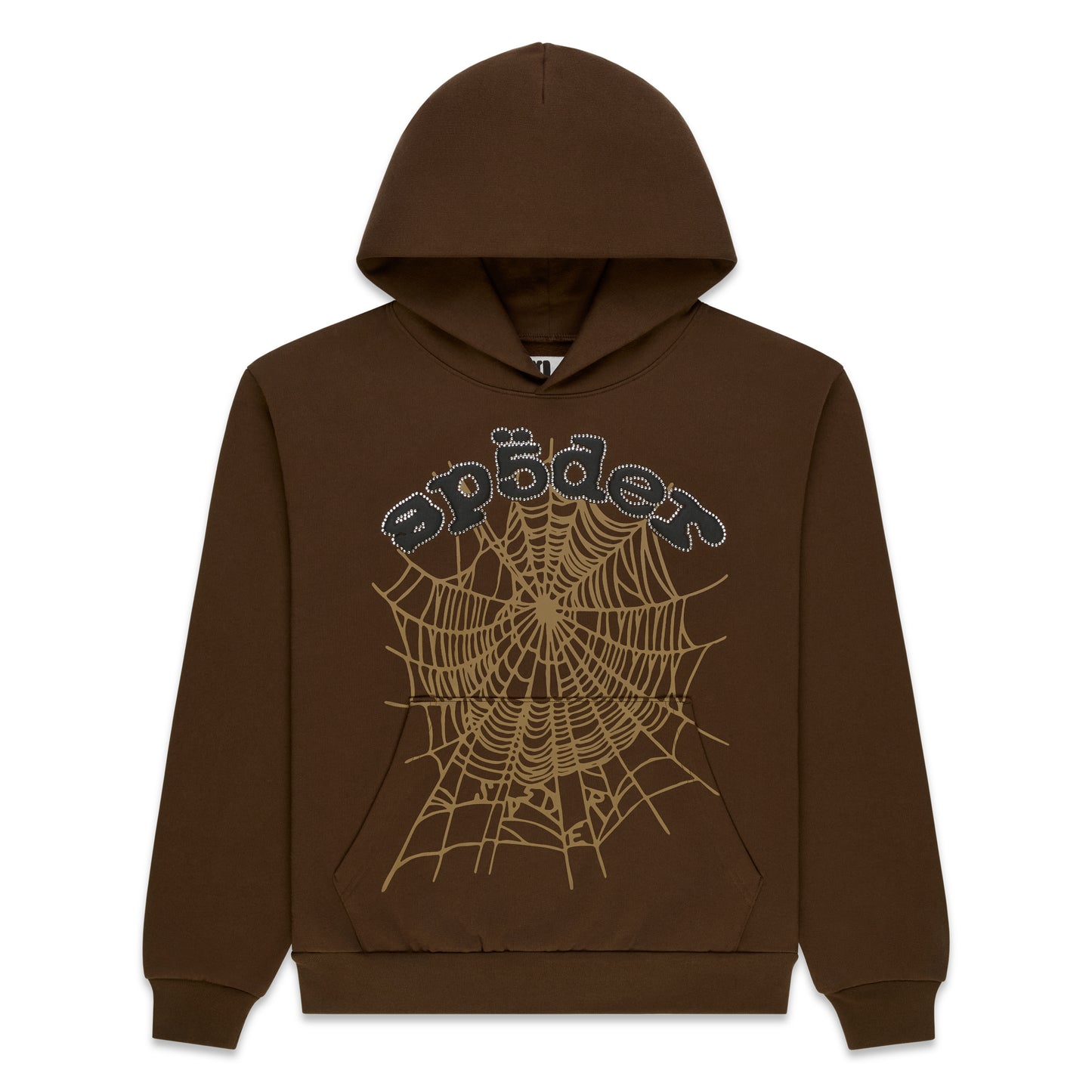 Brown cotton fleece hoodie with rhinestone "sp5der" text and a large tan spider web design.