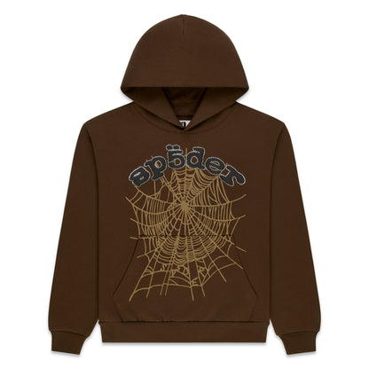 Brown cotton fleece hoodie with rhinestone "sp5der" text and a large tan spider web design.