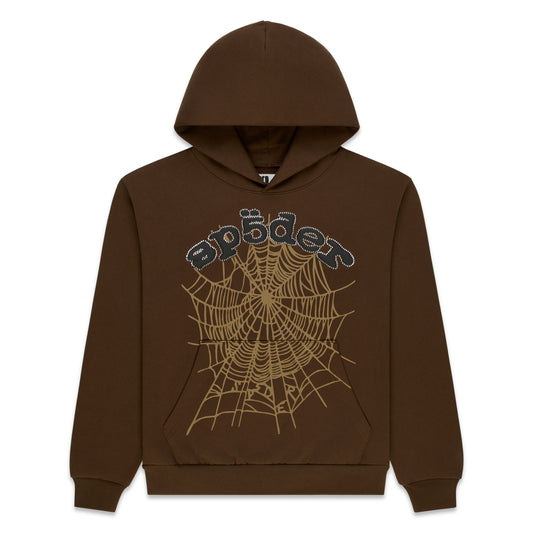 Brown cotton fleece hoodie with rhinestone "sp5der" text and a large tan spider web design.