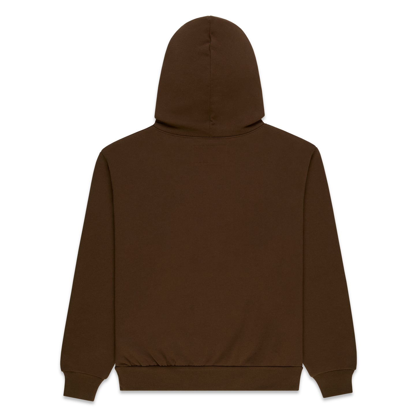 Back of a plain brown 100% cotton fleece hoodie with rib knit hem and cuffs.