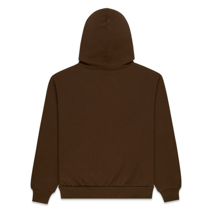 Back of a plain brown 100% cotton fleece hoodie with rib knit hem and cuffs.