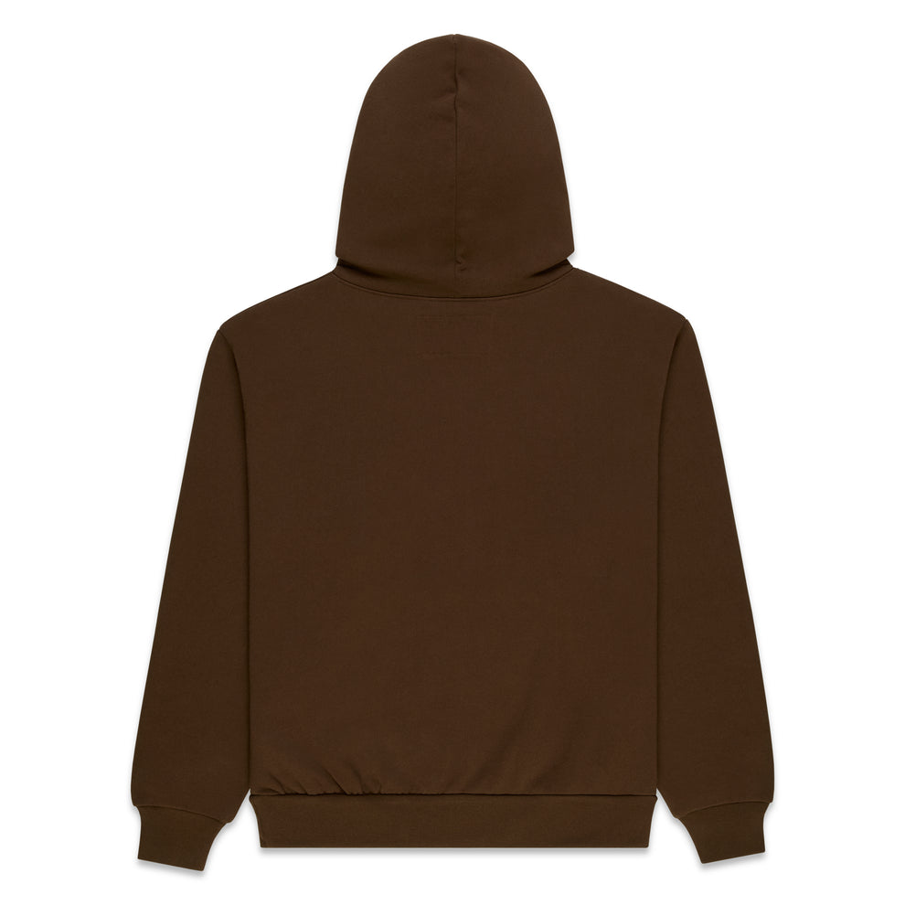 Back of a plain brown 100% cotton fleece hoodie with rib knit hem and cuffs.