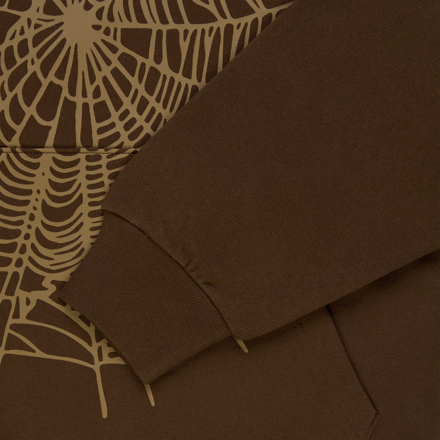 Brown cotton fleece hoodie with tan rhinestone spider web and text detail.