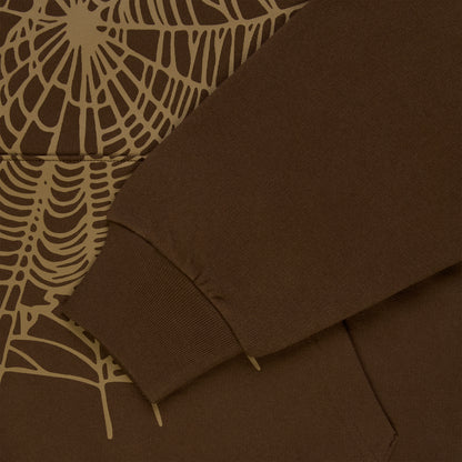 Brown cotton fleece hoodie with tan rhinestone spider web and text detail.
