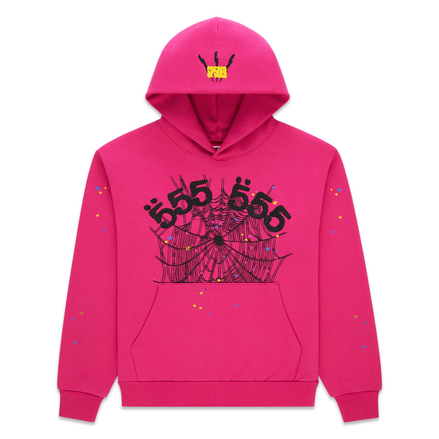 Pink 13oz cotton fleece hoodie with '555' angel numbers, web print, scattered stars, and SP5DER logo.