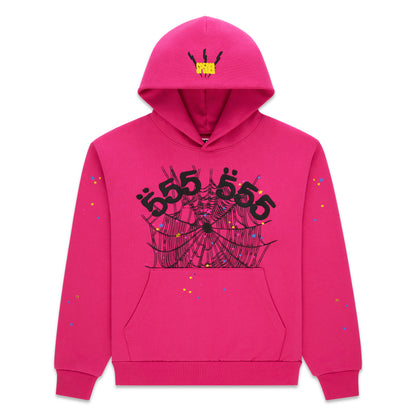 Pink 13oz cotton fleece hoodie with '555' angel numbers, web print, scattered stars, and SP5DER logo.