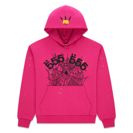 Pink 13oz cotton fleece hoodie with '555' angel numbers, web print, scattered stars, and SP5DER logo.