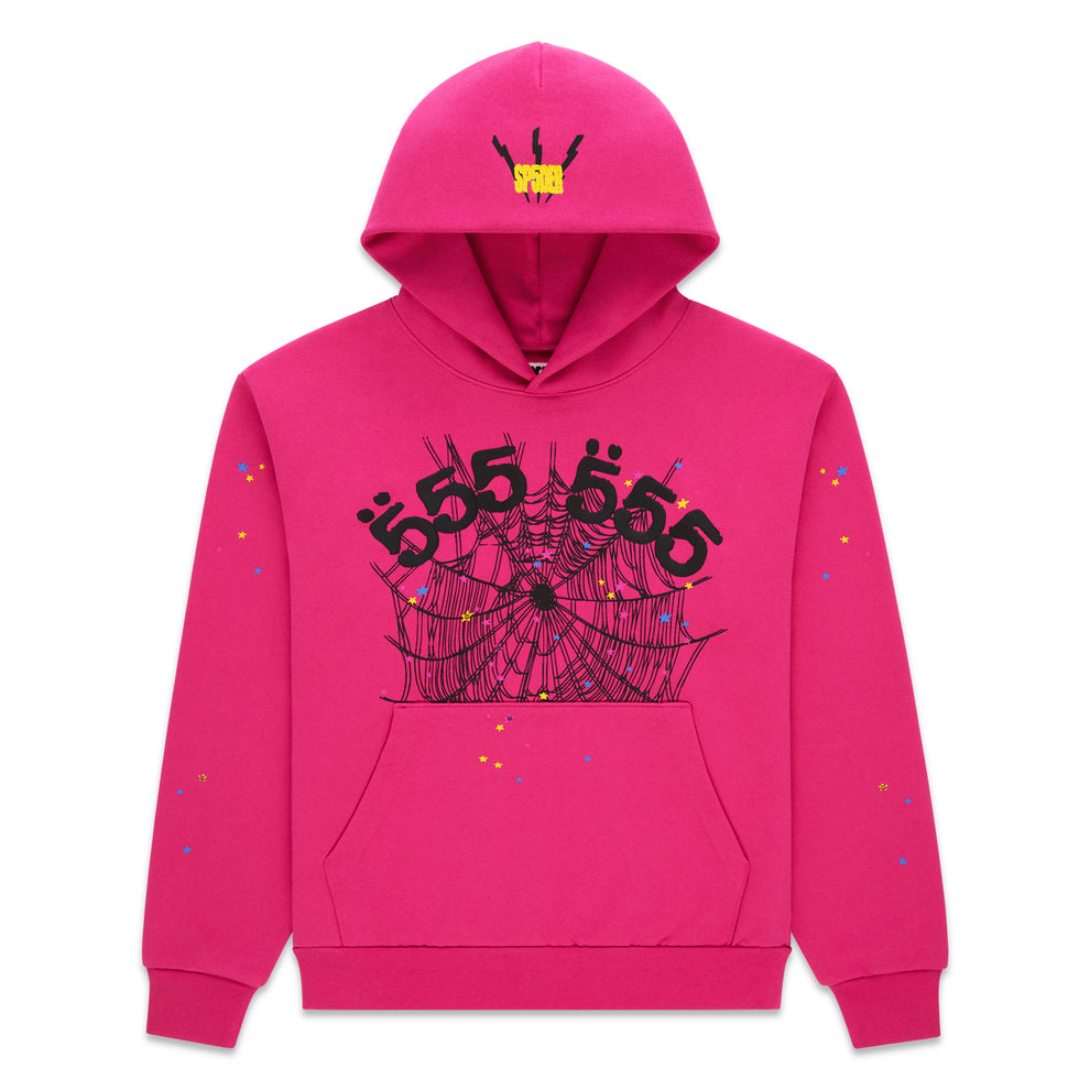 Pink 13oz cotton fleece hoodie with '555' angel numbers, web print, scattered stars, and SP5DER logo.