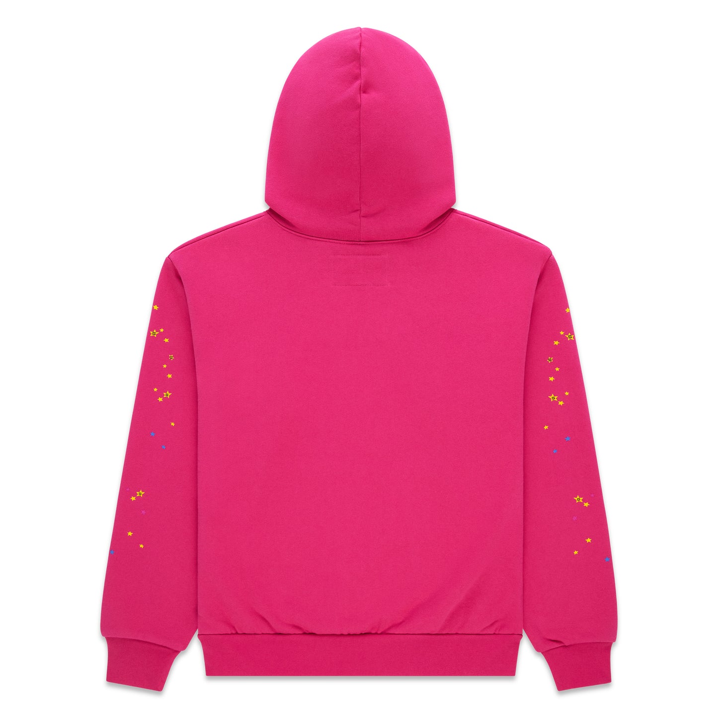 Back of a vibrant pink cotton fleece hoodie with scattered yellow and blue star prints on sleeves.