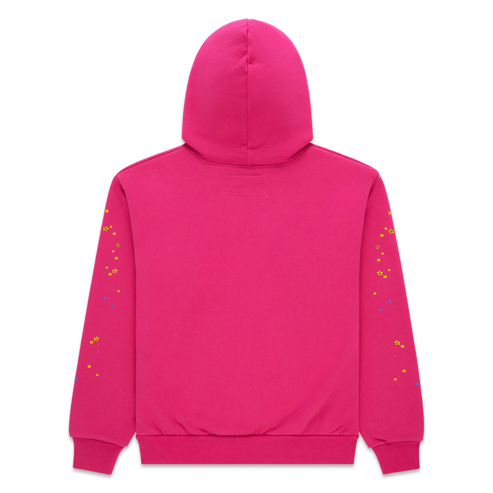 Back of a vibrant pink cotton fleece hoodie with scattered yellow and blue star prints on sleeves.