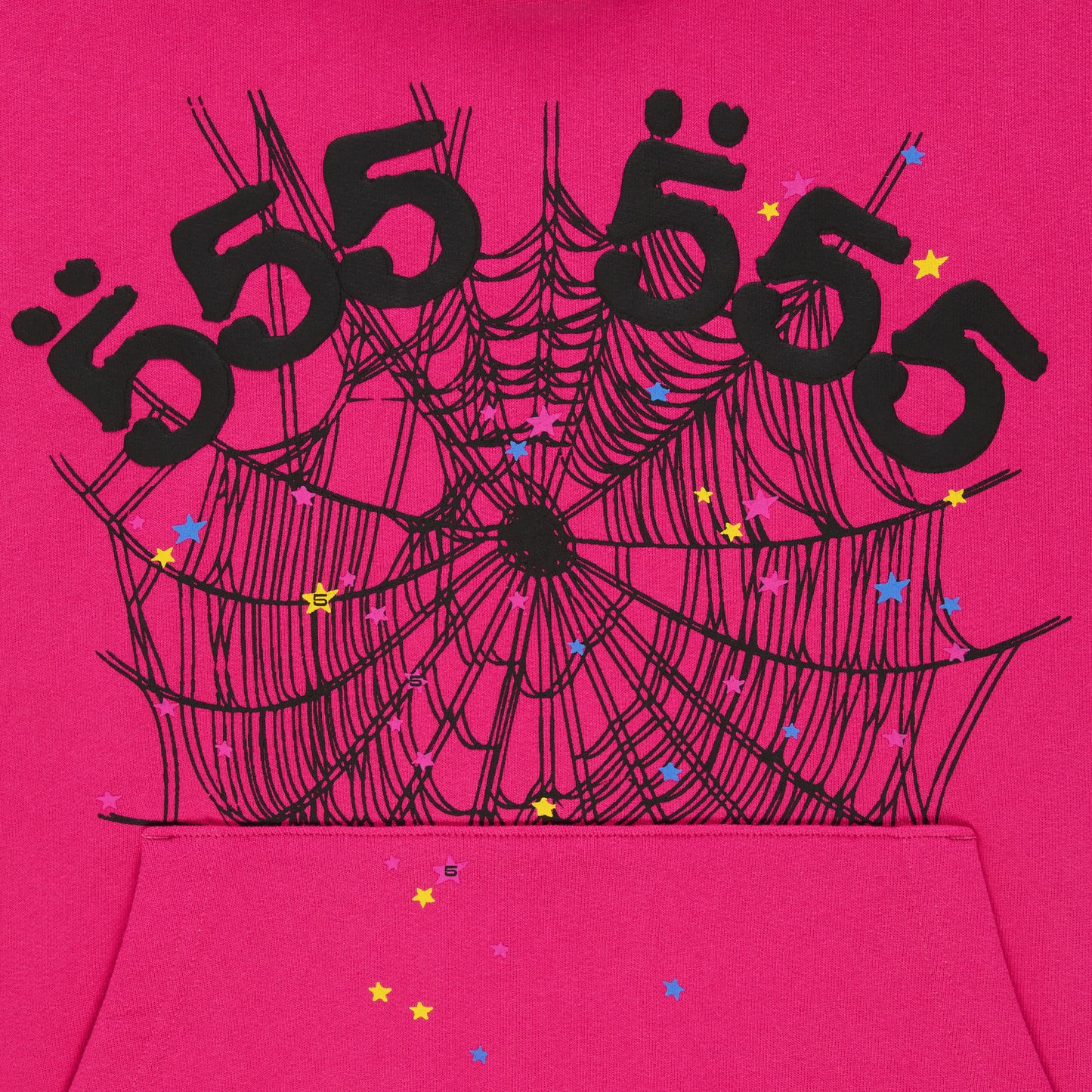 Pink cotton fleece hoodie with black '555' angel numbers, spider web, and scattered stars.