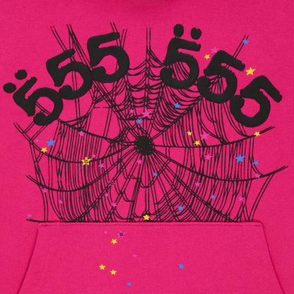 Pink cotton fleece hoodie with black '555' angel numbers, spider web, and scattered stars.