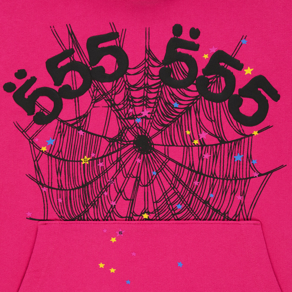 Pink cotton fleece hoodie with black '555' angel numbers, spider web, and scattered stars.