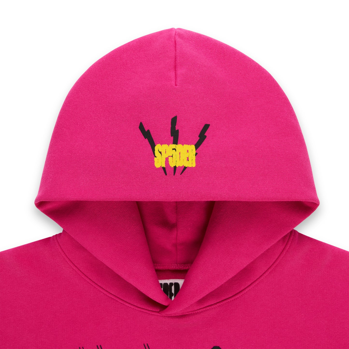 Hot pink 13oz cotton fleece hoodie with yellow SP5DER logo and lightning bolts on the hood.