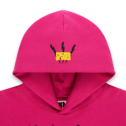 Hot pink 13oz cotton fleece hoodie with yellow SP5DER logo and lightning bolts on the hood.