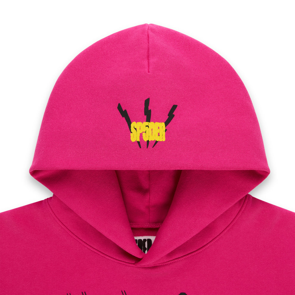 Hot pink 13oz cotton fleece hoodie with yellow SP5DER logo and lightning bolts on the hood.