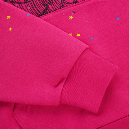 Pink 100% cotton fleece hoodie with scattered star print and ribbed cuff.