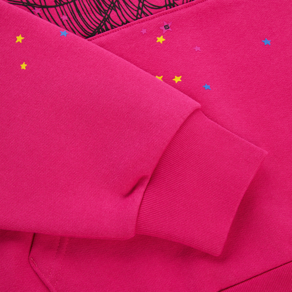 Pink 100% cotton fleece hoodie with scattered star print and ribbed cuff.