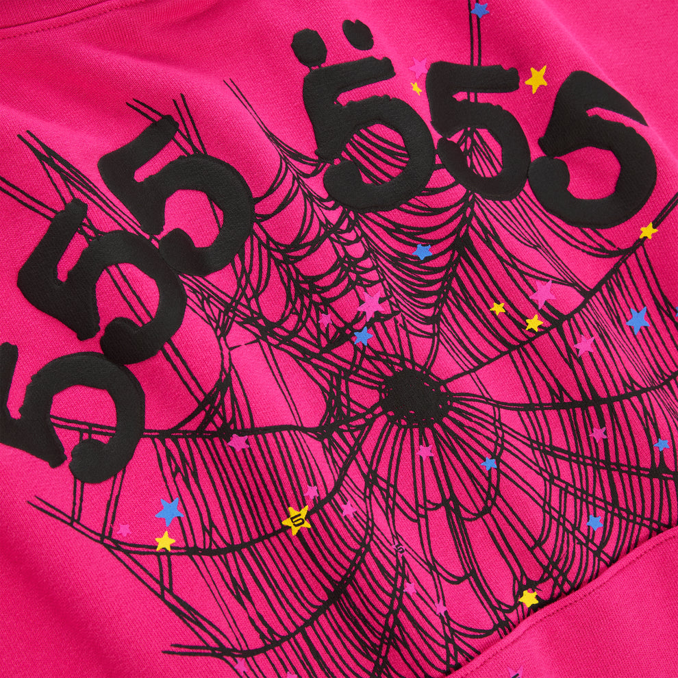 Pink 100% cotton fleece hoodie with black '555' angel numbers, web print, and scattered stars.