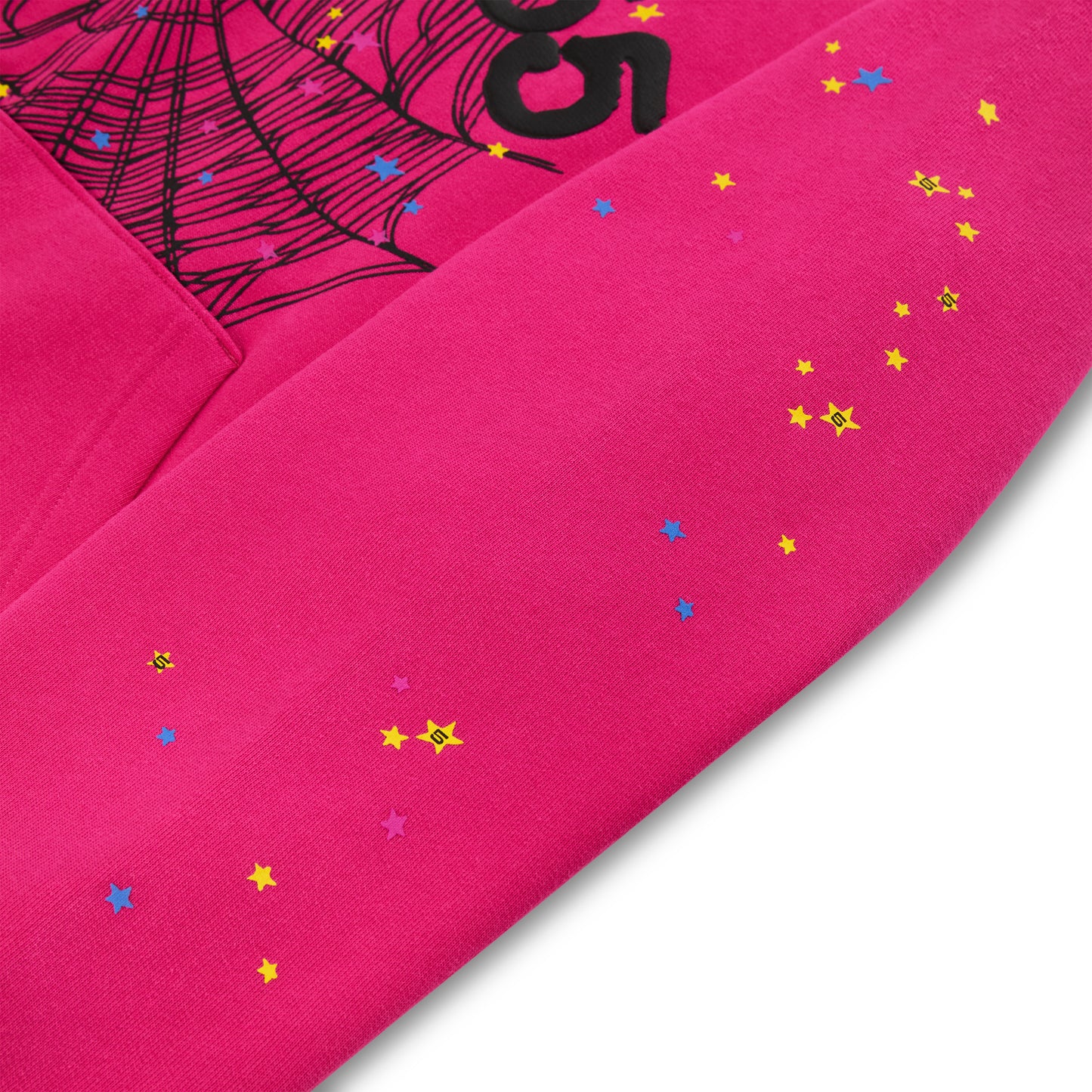 Pink cotton fleece hoodie with black spiderweb, '555' angel numbers, and scattered star print.