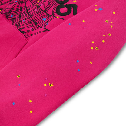 Pink cotton fleece hoodie with black spiderweb, '555' angel numbers, and scattered star print.