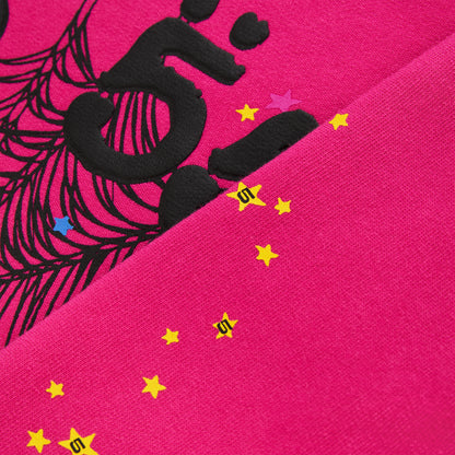 Pink 13oz cotton fleece hoodie with black puff print '555' angel numbers, web, and scattered stars.