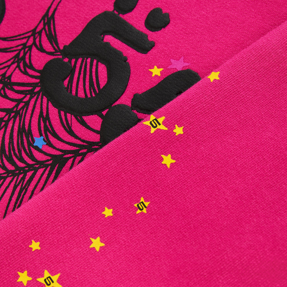 Pink 13oz cotton fleece hoodie with black puff print '555' angel numbers, web, and scattered stars.