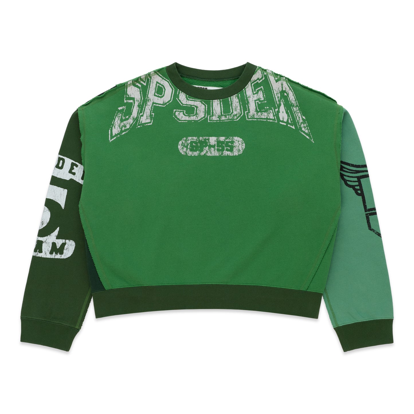 SUPERFIVE CREWNECK green color block 13oz cotton fleece with distressed graphic logos.
