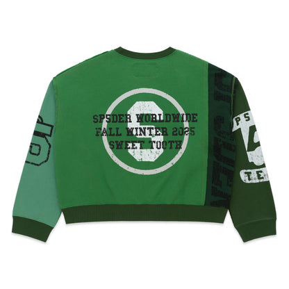SUPERFIVE CREWNECK: Green color block 13oz cotton fleece with graphic print logos on back and sleeves.