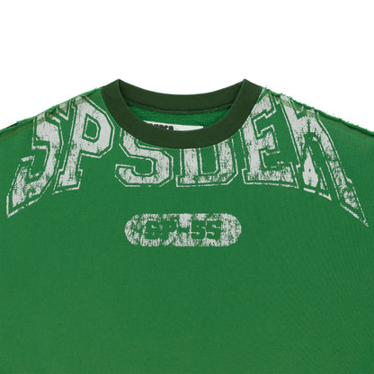 Green SUPERFIVE CREWNECK, 13oz cotton fleece, with distressed white graphic print logos.
