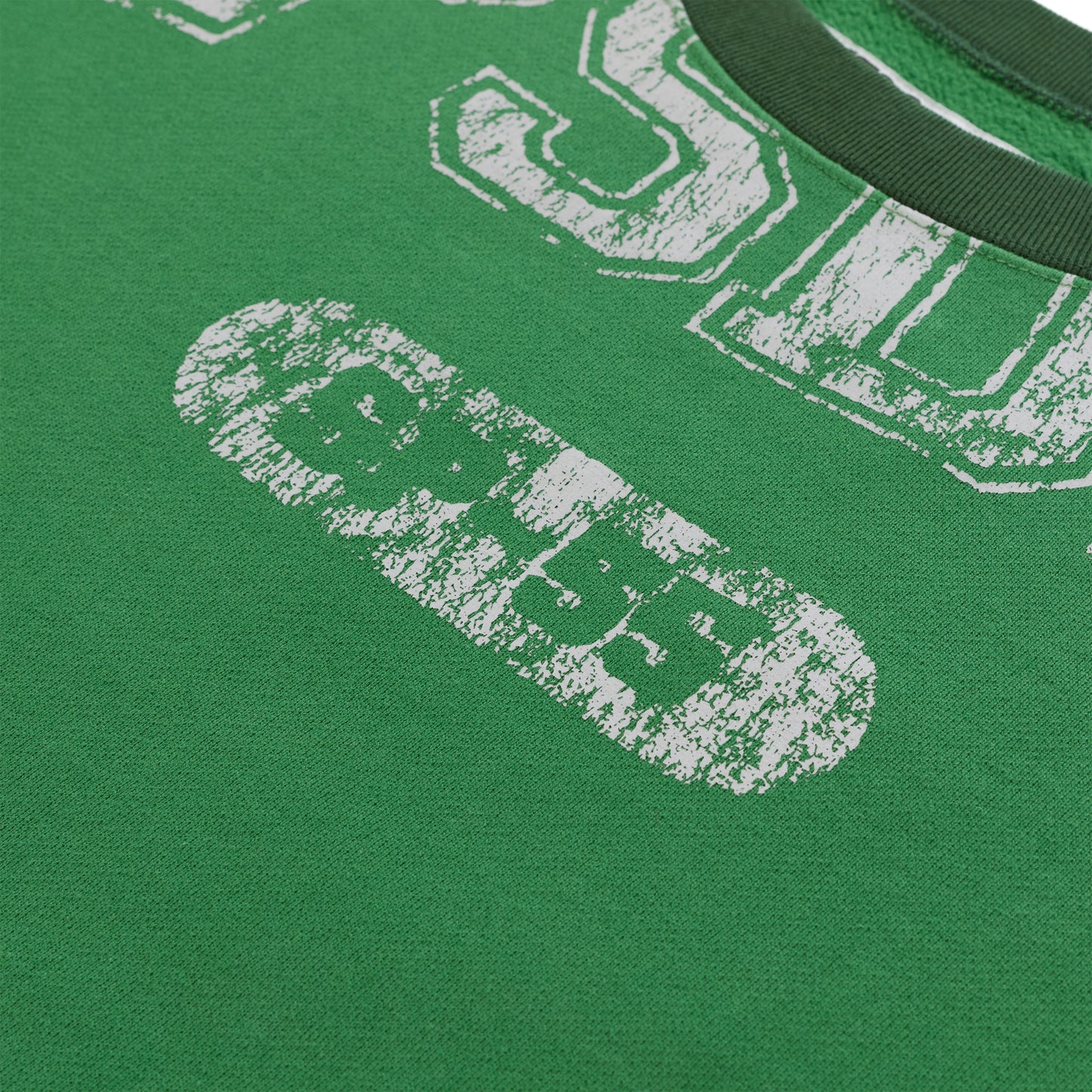Green SUPERFIVE crewneck with distressed white graphic print and ribbed collar.