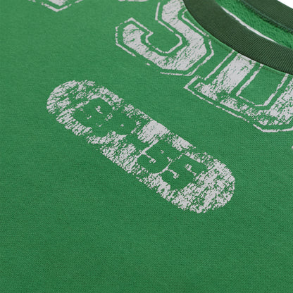 Green SUPERFIVE crewneck with distressed white graphic print and ribbed collar.